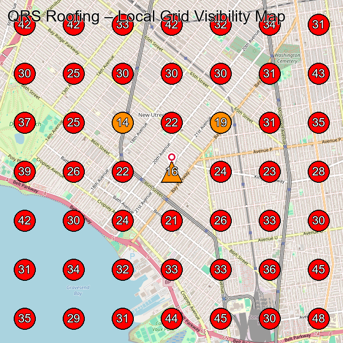 QRS Roofing GeoGrid visibility map for Roofing Contractor in Brooklyn